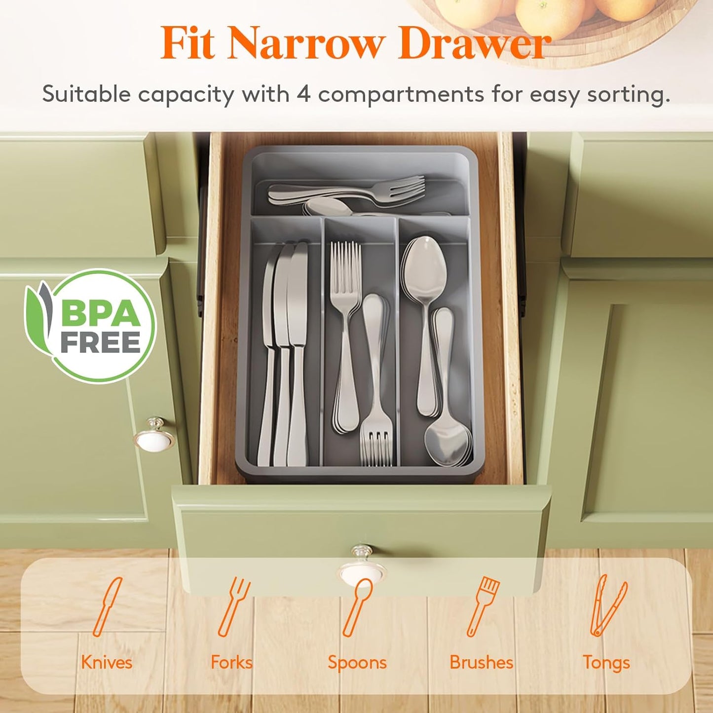 Silverware Drawer Organizer Tray, Plastic Cutlery Storage for Kitchen, Flatware and Utensil Holder Divider for Spoons Forks Knives Tableware, 9.1 x 12.6", 5 Slots, Black