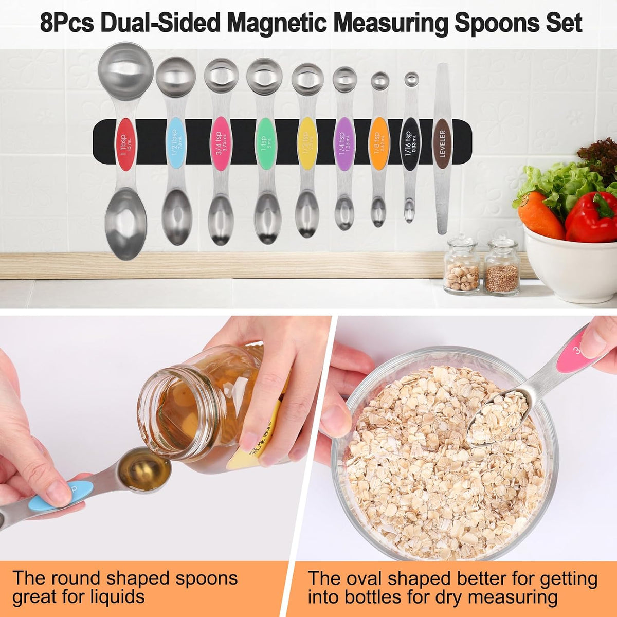 Magnetic Measuring Cups and Spoons Set, 17 Pcs Stainless Steel Measuring Cups and Spoons set for Measure Dry Liquid Ingredients with 7 Measuring Cup 8 Metal Spoon 1 Leveler 1 Funnel Colored