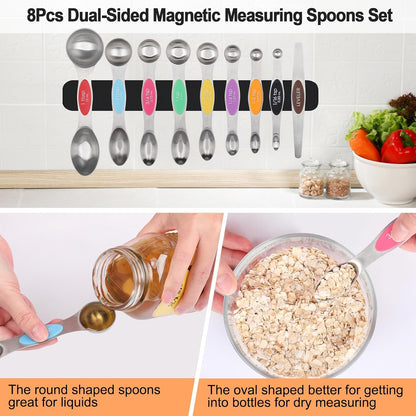 Magnetic Measuring Cups and Spoons Set, 17 Pcs Stainless Steel Measuring Cups and Spoons set for Measure Dry Liquid Ingredients with 7 Measuring Cup 8 Metal Spoon 1 Leveler 1 Funnel Colored