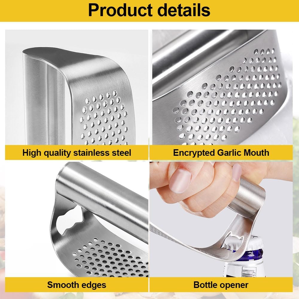 Stainless Steel Garlic Presser, Garlic Press Rocker Heavy Duty Stainless Steel Garlic Mincer, Garlic Chopper with Peeler And Cleaning Brush for Smash Garlic Kitchen Tools (B)