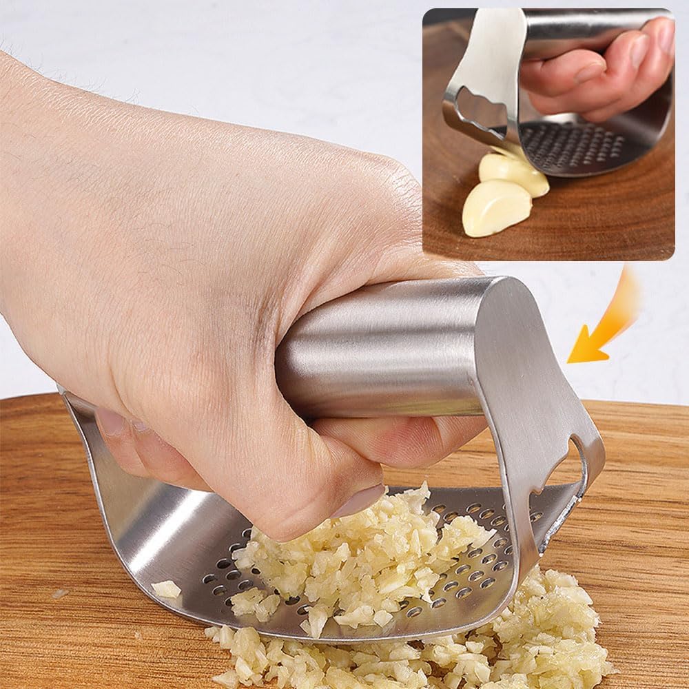 Stainless Steel Garlic Presser, Garlic Press Rocker Heavy Duty Stainless Steel Garlic Mincer, Garlic Chopper with Peeler And Cleaning Brush for Smash Garlic Kitchen Tools (B)