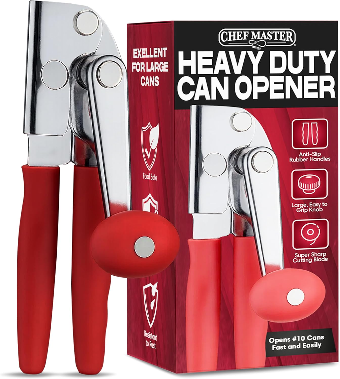 Chef Master Commercial Can Opener Heavy Duty - Manual Hand Crank for Large Cans with Anti-Slip Grip - Stainless Steel Restaurant Can Opener Manual for Seniors, Kitchen, Bars & Food Trucks - 90056