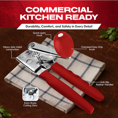 Chef Master Commercial Can Opener Heavy Duty - Manual Hand Crank for Large Cans with Anti-Slip Grip - Stainless Steel Restaurant Can Opener Manual for Seniors, Kitchen, Bars & Food Trucks - 90056