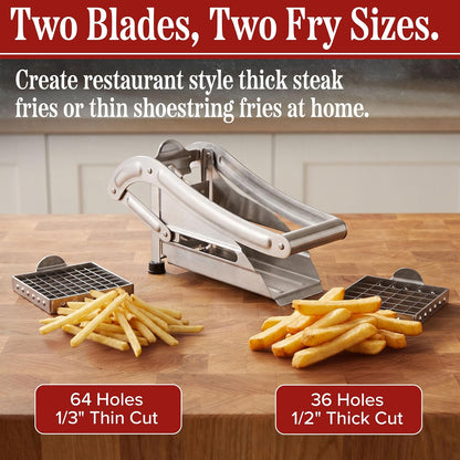 French Fry Cutter with Two Blades, Silver, 10.25”x3.5”x5”