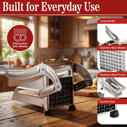 French Fry Cutter with Two Blades, Silver, 10.25”x3.5”x5”