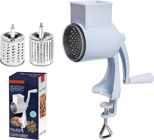 Manual Nut Chopper Grinder, Rotary Cheese Grater Hand Crank Cheese Shredder Multifunctional Dried Fruit Crusher Peanut Masher Grinding Device for All Nuts Walnut Pecan Double Sword White