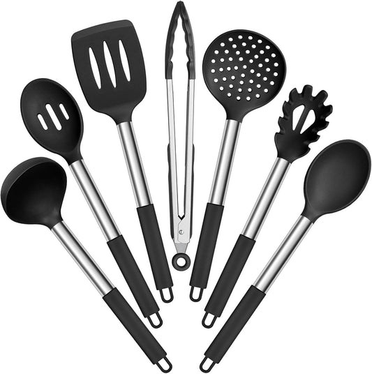 Silicone Cooking Utensils Set, 7 Pcs Heat Resistant Kitchen Utensils with Stainless Steel Handle, Slotted Turner, Spoon, Soup Ladle, Pasta Server, Skimmer, Tongs for Nonstick Cookware, Black