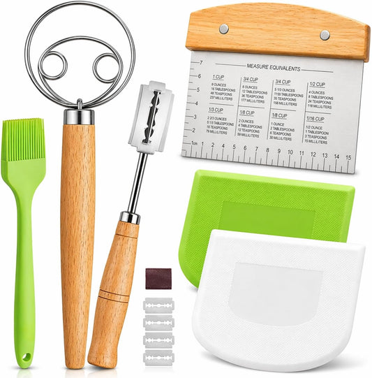 Sourdough Bread Baking Tool Set with Danish Dough Whisk, Bread Lame & Blades, Bench Scraper, Dough Scrapers and Silicone Brush – Sourdough Starter Kit