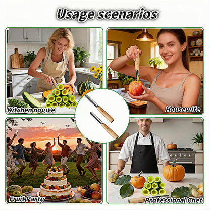 2-Pack Vegetable Corer Tool - 8" Stainless Steel Fruit & Veggie Corer for Zucchini, Apples, Eggplant - Hollow Out for Stuffing with Wood Handle - Kitchen Coring Tool