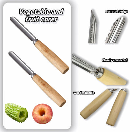 2-Pack Vegetable Corer Tool - 8" Stainless Steel Fruit & Veggie Corer for Zucchini, Apples, Eggplant - Hollow Out for Stuffing with Wood Handle - Kitchen Coring Tool