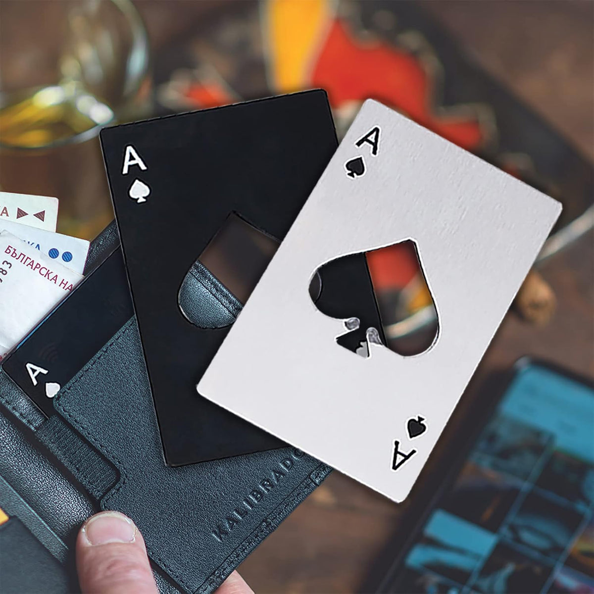 Ace Of Spades Bottle Opener Credit Card Size Pocker Cap Opener Portable Stainless Steel Can Opener (Black & Silver)