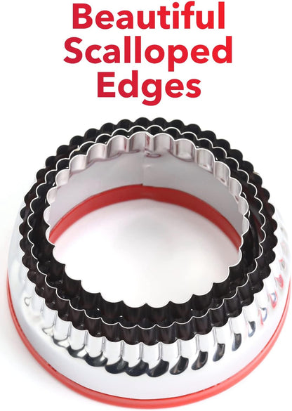 3Pcs Fluted Round Cookie Cutters - 2" & 2.6" & 3", Heavy Duty Food-Grade Stainless Steel, Mini Biscuit Cutter, Unique Design with Protective Red Top PVC