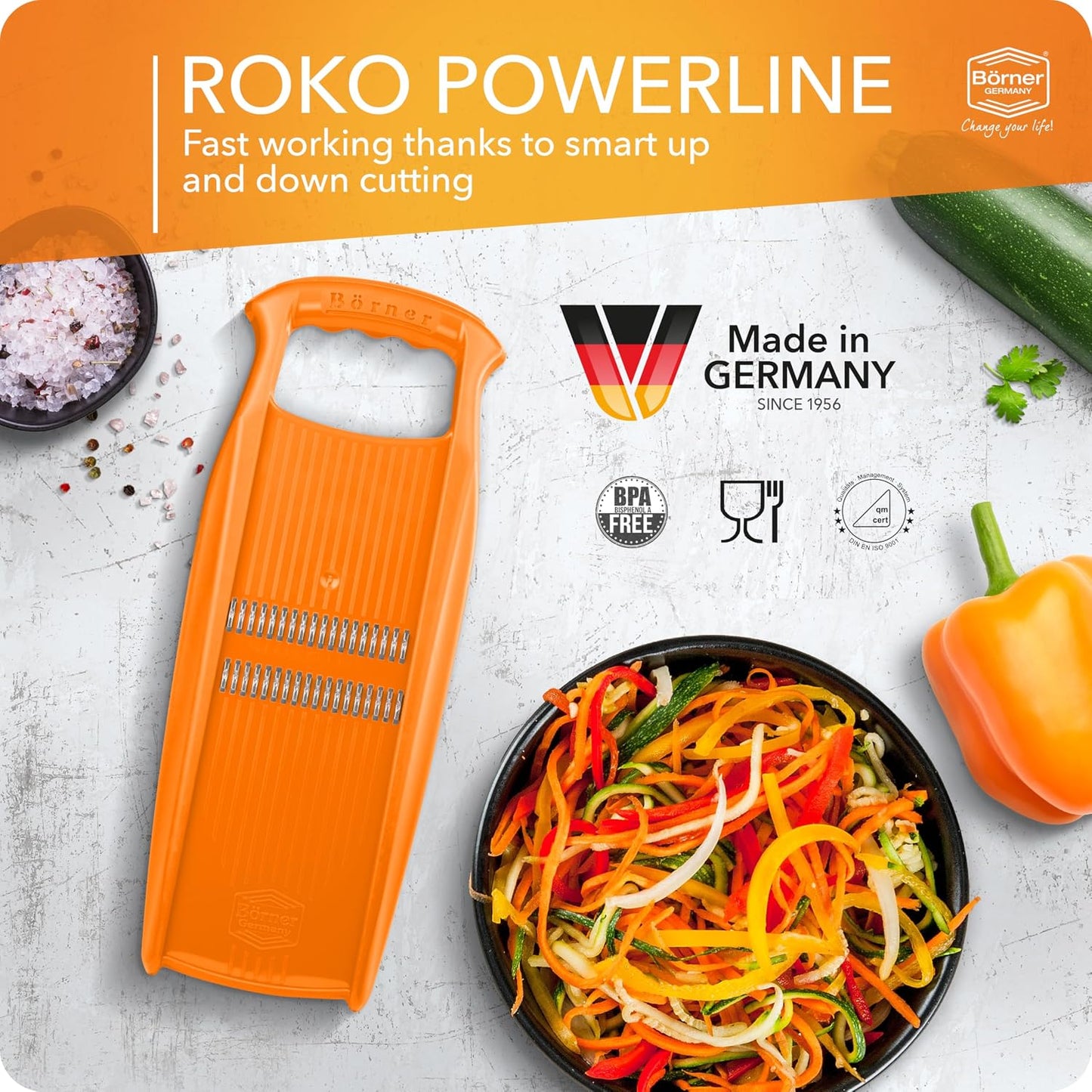 BORNER Roko PowerLine | Vegetable Grater - Quality Made in Germany, Color:Orange