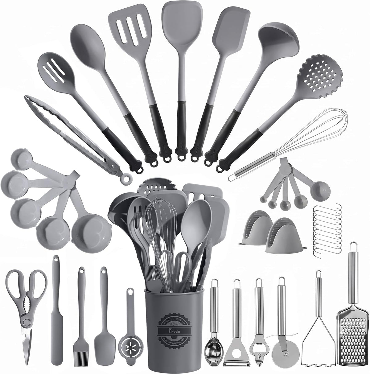 43 PCS Silicone Kitchen Utensils Set, Dishwasher Safe Kitchen Cooking Utensils Set, 446°F Spatulas Silicone Heat Resistant, Non Toxic Silicone Utensils Set With Two-Tone Grip Handles, Gray