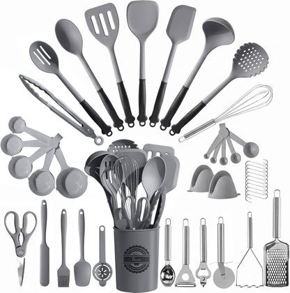 43 PCS Silicone Kitchen Utensils Set, Dishwasher Safe Kitchen Cooking Utensils Set, 446°F Spatulas Silicone Heat Resistant, Non Toxic Silicone Utensils Set With Two-Tone Grip Handles, Gray