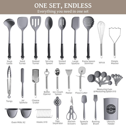43 PCS Silicone Kitchen Utensils Set, Dishwasher Safe Kitchen Cooking Utensils Set, 446°F Spatulas Silicone Heat Resistant, Non Toxic Silicone Utensils Set With Two-Tone Grip Handles, Gray