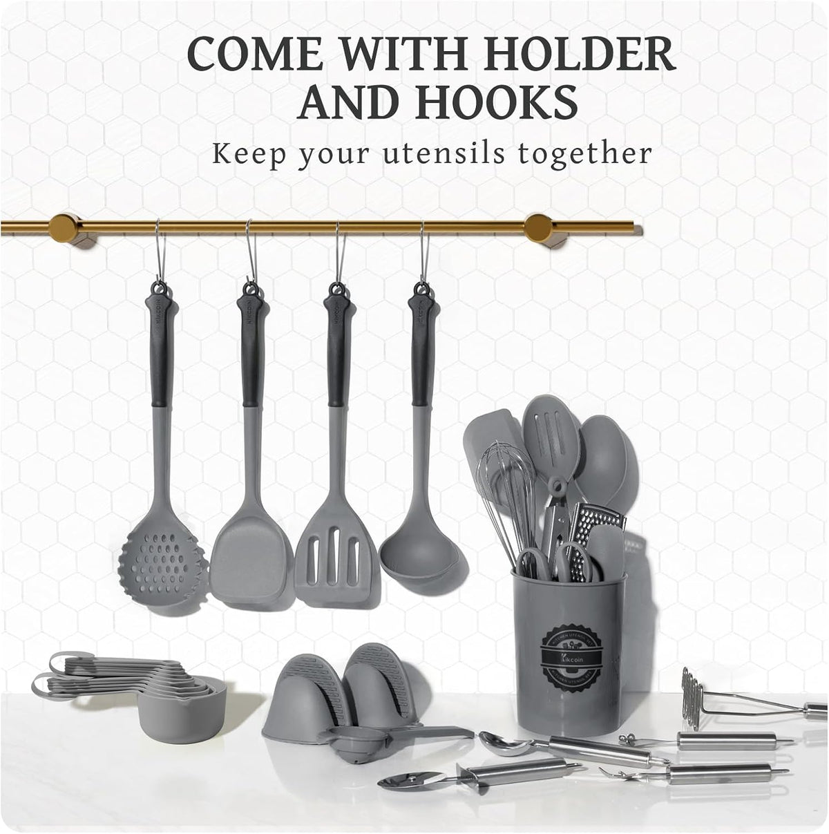 43 PCS Silicone Kitchen Utensils Set, Dishwasher Safe Kitchen Cooking Utensils Set, 446°F Spatulas Silicone Heat Resistant, Non Toxic Silicone Utensils Set With Two-Tone Grip Handles, Gray