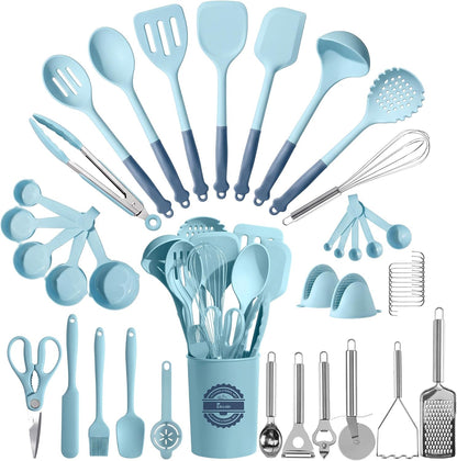 43 PCS Silicone Kitchen Utensils Set, Dishwasher Safe Kitchen Cooking Utensils Set, 446°F Spatulas Silicone Heat Resistant, Non Toxic Silicone Utensils Set With Two-Tone Grip Handles, Gray