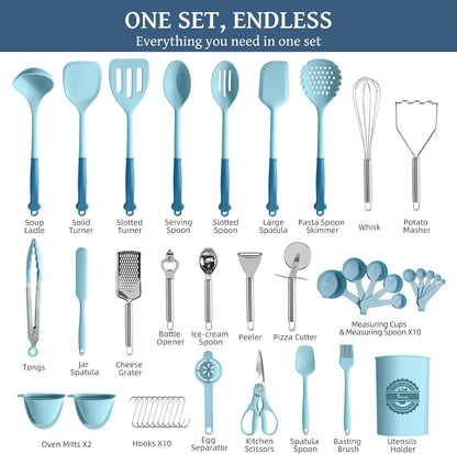 43 PCS Silicone Kitchen Utensils Set, Dishwasher Safe Kitchen Cooking Utensils Set, 446°F Spatulas Silicone Heat Resistant, Non Toxic Silicone Utensils Set With Two-Tone Grip Handles, Gray