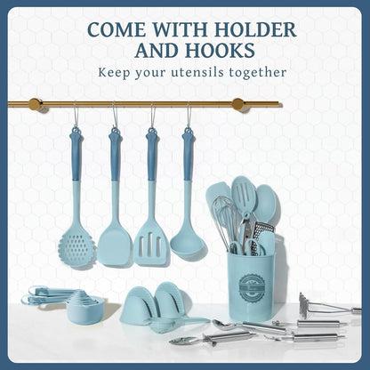 43 PCS Silicone Kitchen Utensils Set, Dishwasher Safe Kitchen Cooking Utensils Set, 446°F Spatulas Silicone Heat Resistant, Non Toxic Silicone Utensils Set With Two-Tone Grip Handles, Gray
