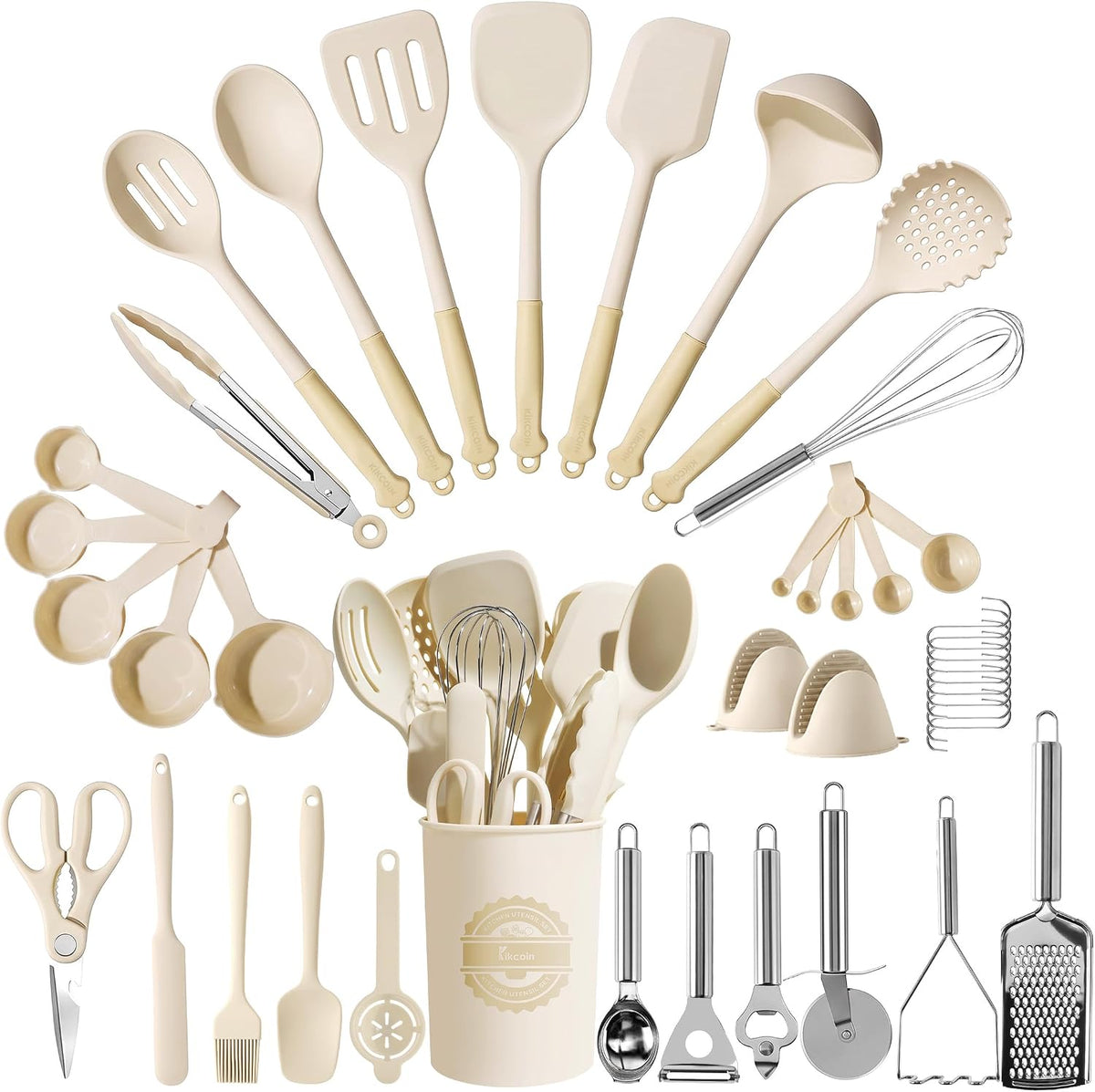 43 PCS Silicone Kitchen Utensils Set, Dishwasher Safe Kitchen Cooking Utensils Set, 446°F Spatulas Silicone Heat Resistant, Non Toxic Silicone Utensils Set With Two-Tone Grip Handles, Gray