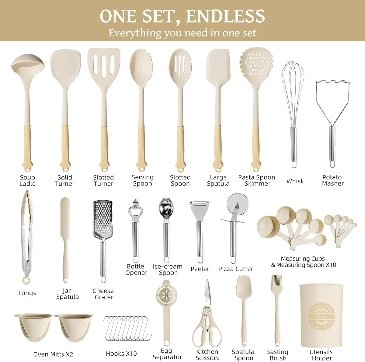 43 PCS Silicone Kitchen Utensils Set, Dishwasher Safe Kitchen Cooking Utensils Set, 446°F Spatulas Silicone Heat Resistant, Non Toxic Silicone Utensils Set With Two-Tone Grip Handles, Gray