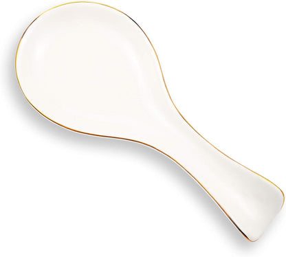 Ceramic Spoon Rest Spoon Holder Stovetop for Kitchen Stove Coffee Bar Accessories Christmas Gift(White with Gold Brim,Classic Style)