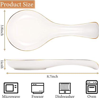 Ceramic Spoon Rest Spoon Holder Stovetop for Kitchen Stove Coffee Bar Accessories Christmas Gift(White with Gold Brim,Classic Style)