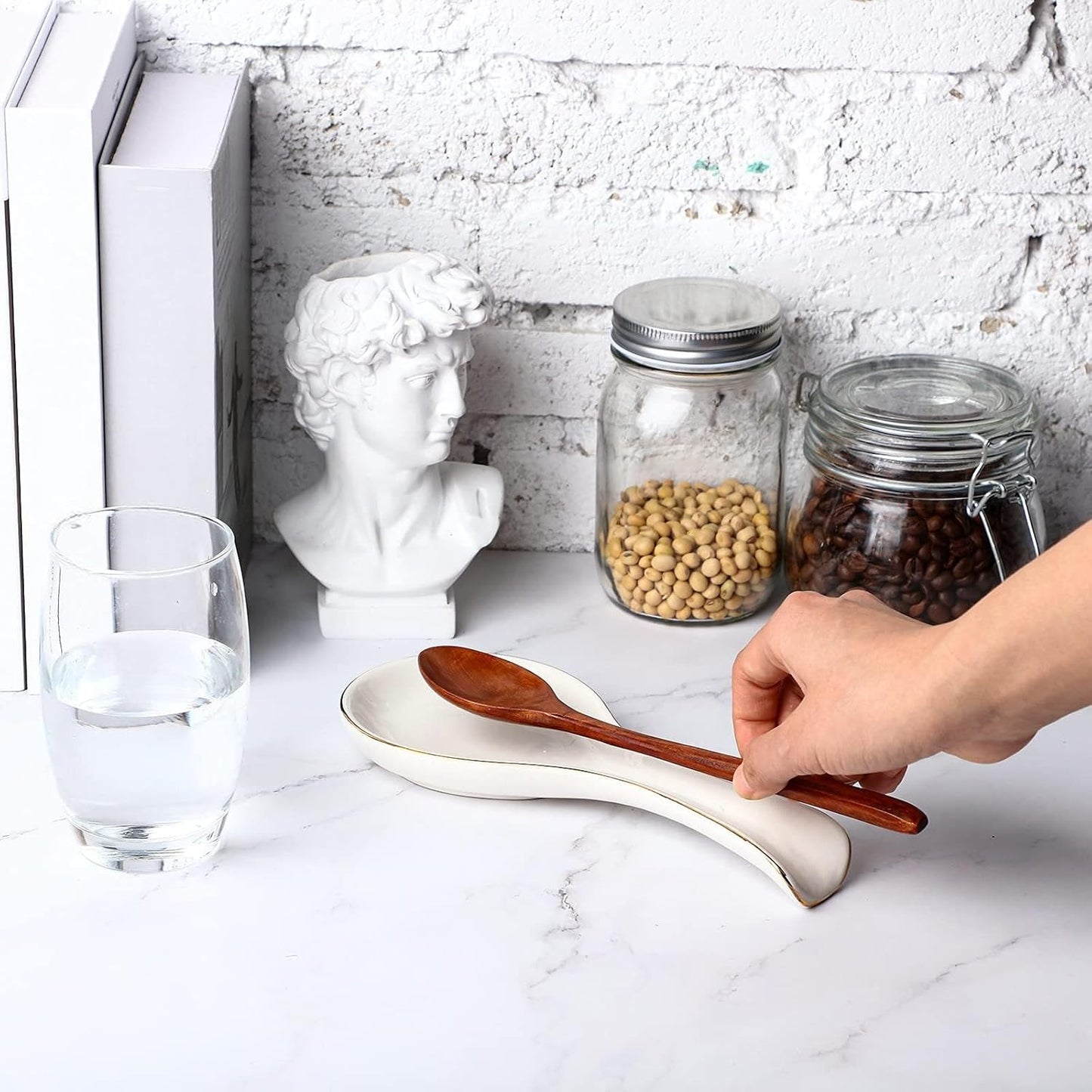 Ceramic Spoon Rest Spoon Holder Stovetop for Kitchen Stove Coffee Bar Accessories Christmas Gift(White with Gold Brim,Classic Style)