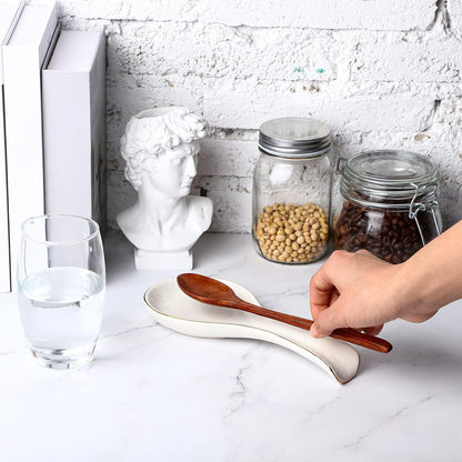 Ceramic Spoon Rest Spoon Holder Stovetop for Kitchen Stove Coffee Bar Accessories Christmas Gift(White with Gold Brim,Classic Style)