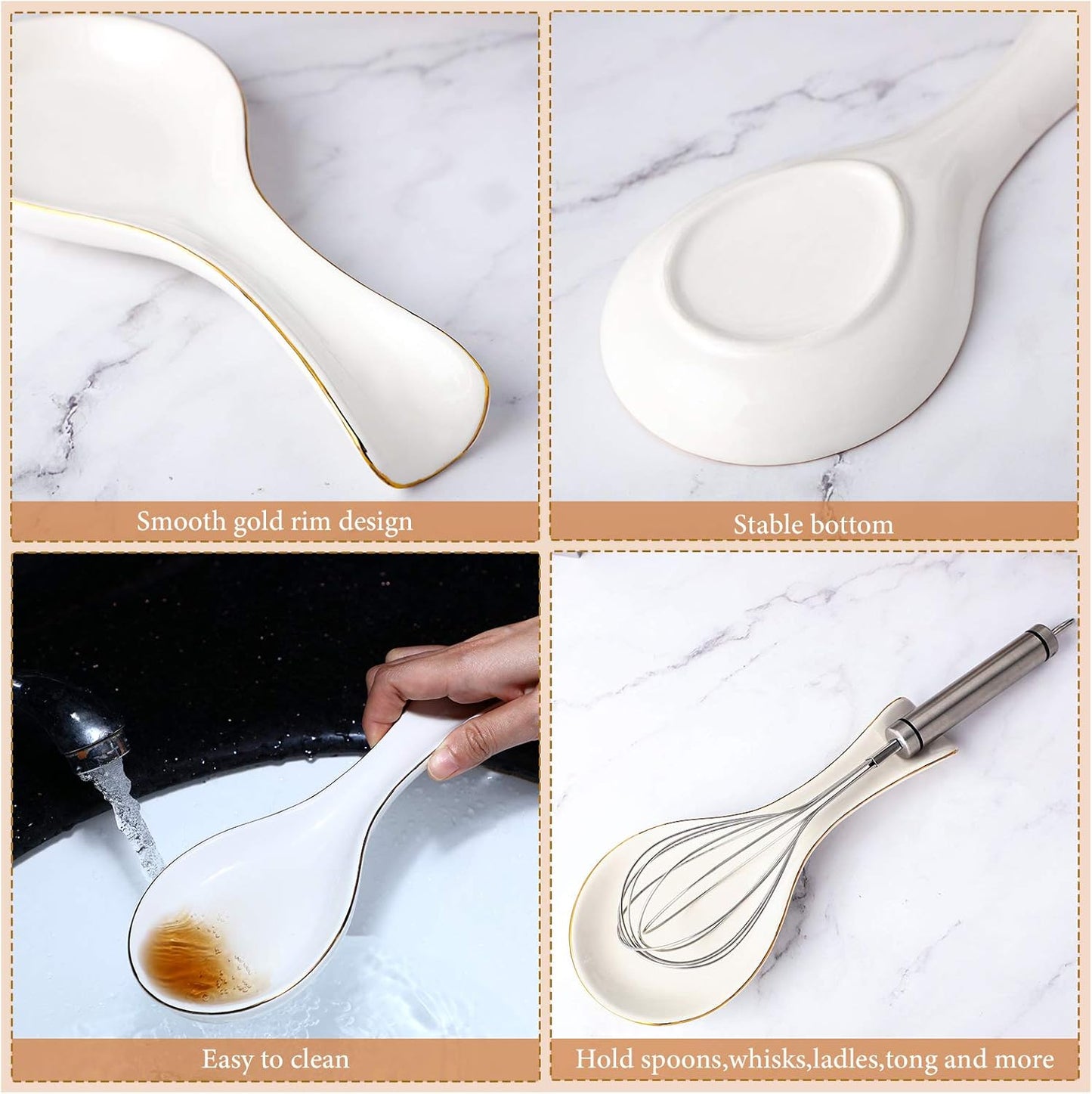 Ceramic Spoon Rest Spoon Holder Stovetop for Kitchen Stove Coffee Bar Accessories Christmas Gift(White with Gold Brim,Classic Style)