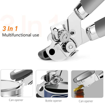 Can Opener,Professional 3-In-1 Multifunctional Manual Can Openers Bottle Opener,Kitchen Durable Stainless Steel Heavy Duty Can Opener Smooth Edge for Kitchen Seniors Friendly