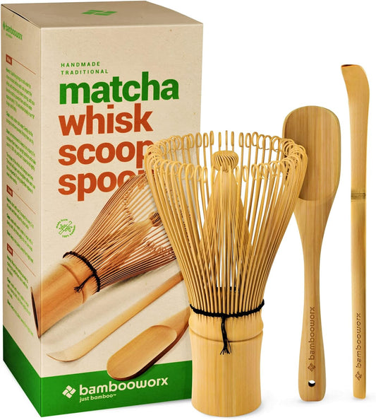 Matcha Whisk Set - (Chasen), Traditional Scoop (Chashaku), Tea Spoon. The Perfect Sets to Prepare a Traditional Cup of Japanese Tea, Handmade from 100% Natural Bamboo