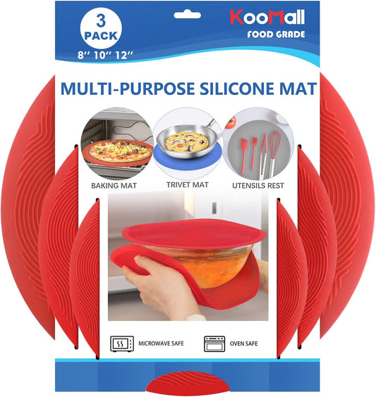 12 10 8 Inch Multi-use Microwave Mat, Trivet, Pot Holders, Drying, Baking, Place Mat, Utensils Rest, Silicone Cover Pad for Hot Pot Pans Bowls Plates Dishes Kitchen Counter, Heat Resistant,Red
