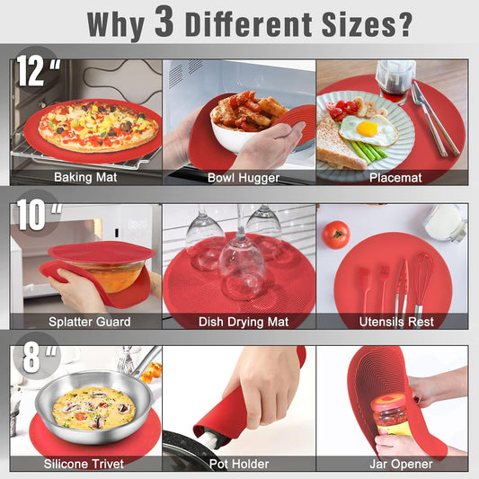12 10 8 Inch Multi-use Microwave Mat, Trivet, Pot Holders, Drying, Baking, Place Mat, Utensils Rest, Silicone Cover Pad for Hot Pot Pans Bowls Plates Dishes Kitchen Counter, Heat Resistant,Red
