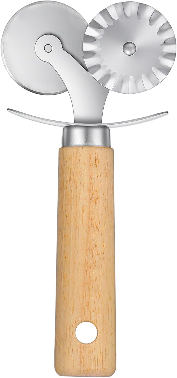Double Wheel Fluted Pastry Cutter Roller Ravioli Pasta Crinkle Pizza Cutters Crimper Wheel with Wooden Handle for Dumpling Lace Dough Noodle Cookie, Food Cutting Tool for Home and Kitchen Use
