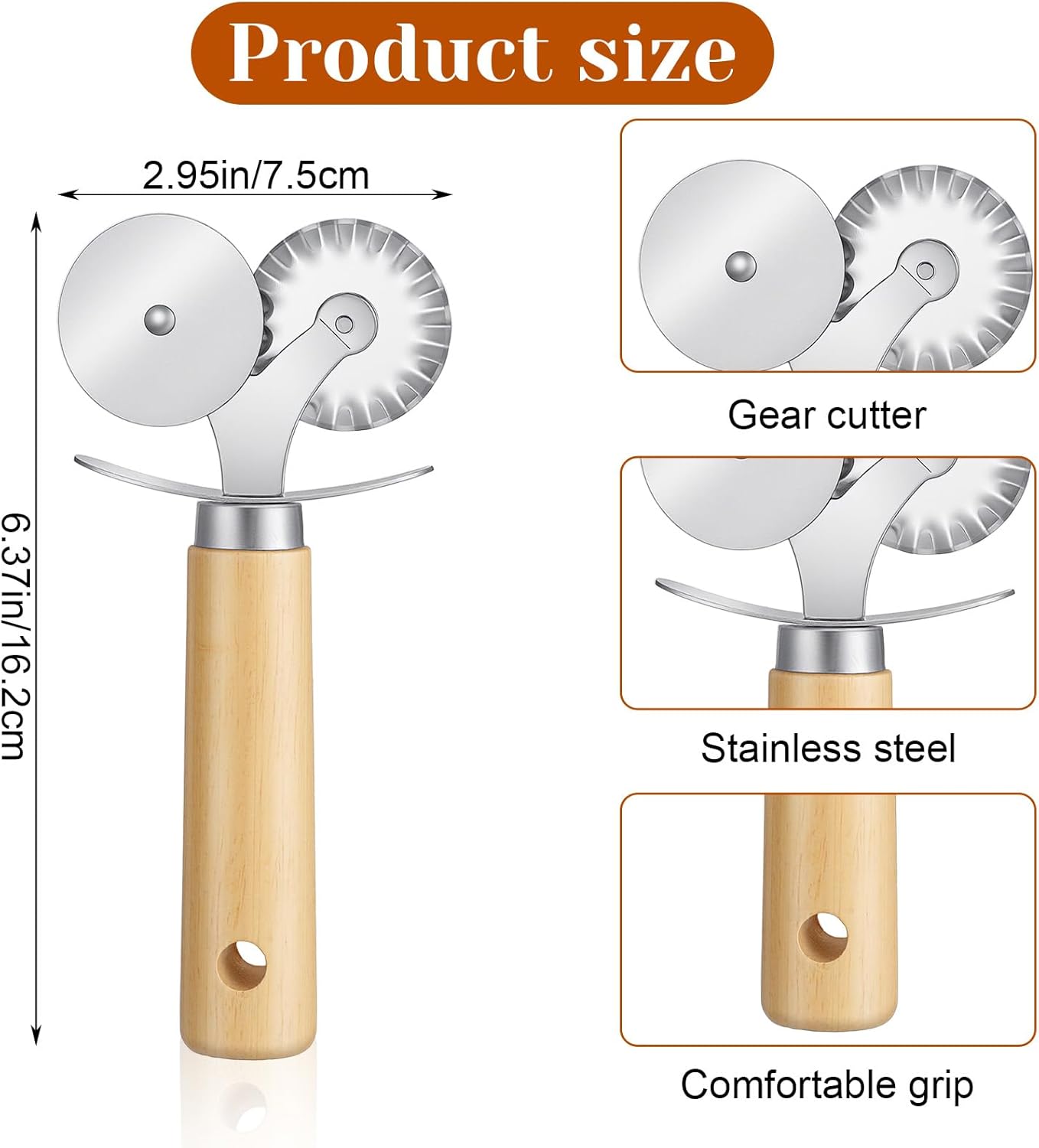 Double Wheel Fluted Pastry Cutter Roller Ravioli Pasta Crinkle Pizza Cutters Crimper Wheel with Wooden Handle for Dumpling Lace Dough Noodle Cookie, Food Cutting Tool for Home and Kitchen Use