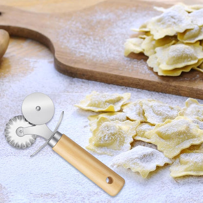 Double Wheel Fluted Pastry Cutter Roller Ravioli Pasta Crinkle Pizza Cutters Crimper Wheel with Wooden Handle for Dumpling Lace Dough Noodle Cookie, Food Cutting Tool for Home and Kitchen Use