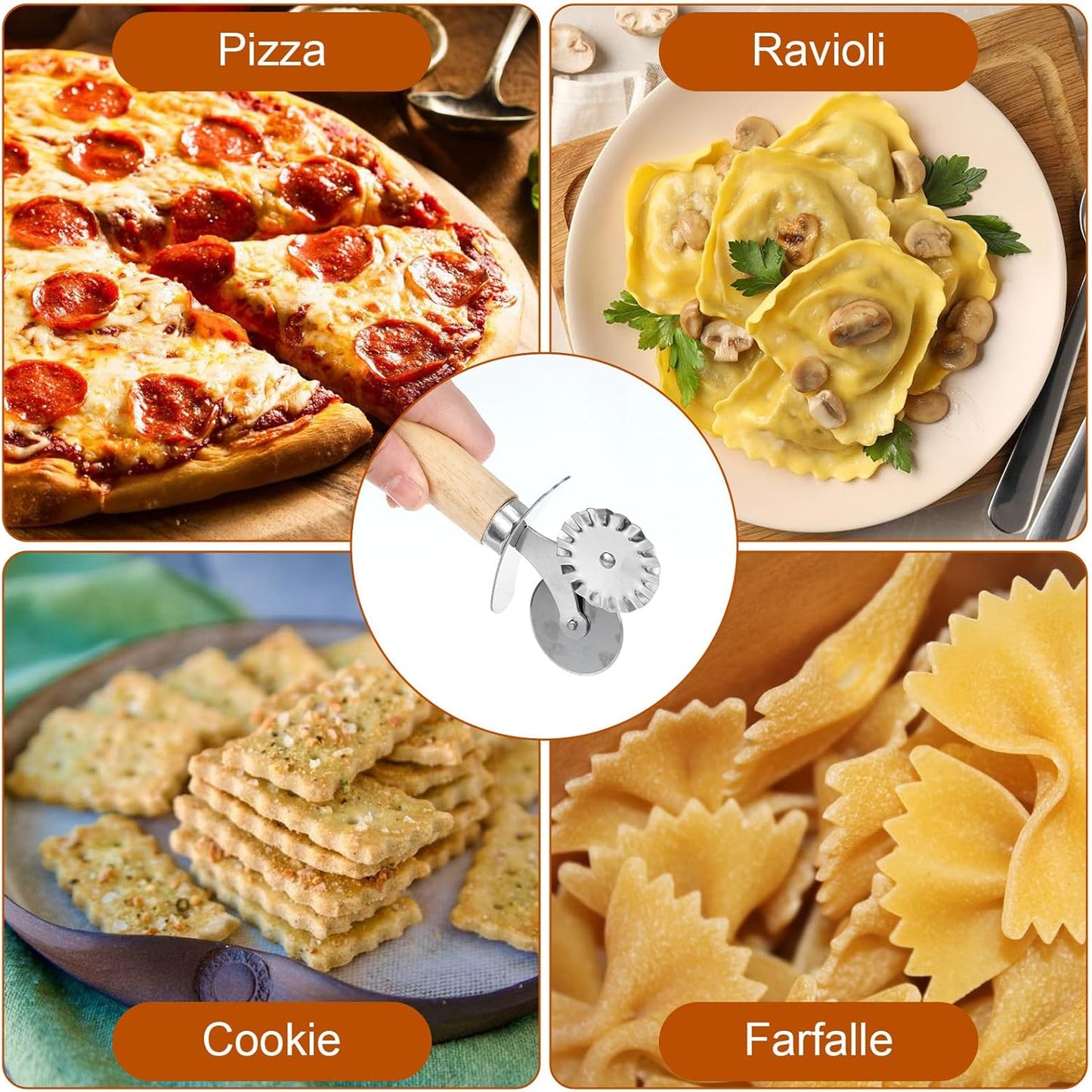 Double Wheel Fluted Pastry Cutter Roller Ravioli Pasta Crinkle Pizza Cutters Crimper Wheel with Wooden Handle for Dumpling Lace Dough Noodle Cookie, Food Cutting Tool for Home and Kitchen Use