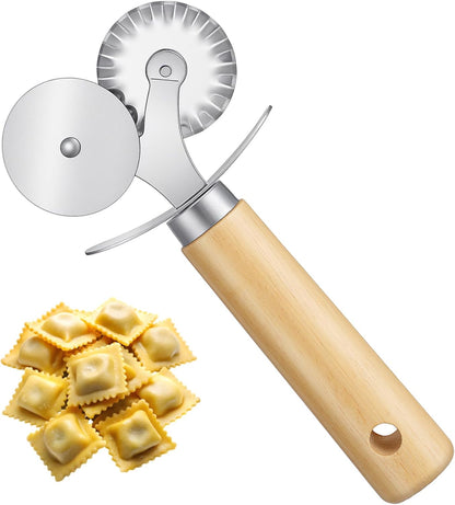 Double Wheel Fluted Pastry Cutter Roller Ravioli Pasta Crinkle Pizza Cutters Crimper Wheel with Wooden Handle for Dumpling Lace Dough Noodle Cookie, Food Cutting Tool for Home and Kitchen Use