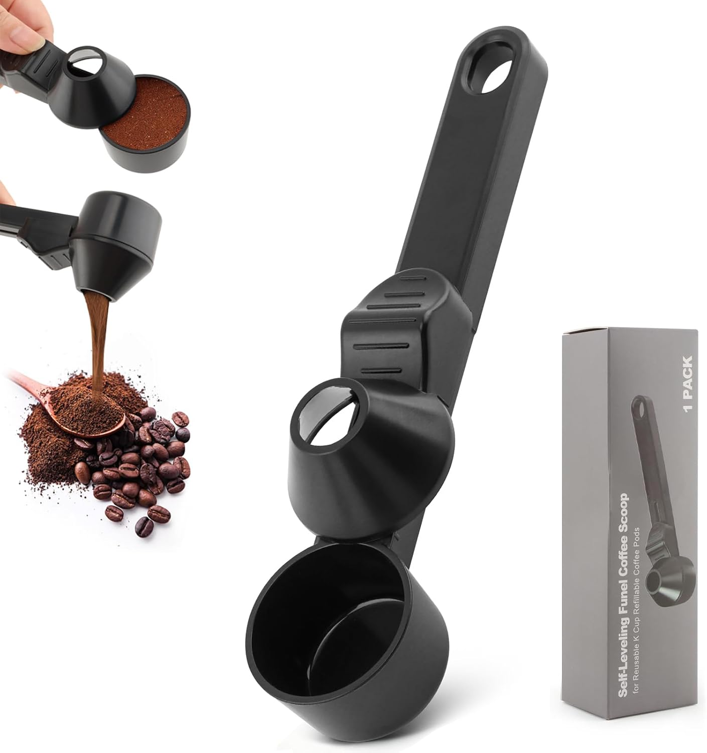 Coffee Scoop Funnel, 2 Tbsp Measuring Spoon for Ground Coffee | 2-in-1 scoop and funnel with leveler for coffee, powders, and mess-free pouring