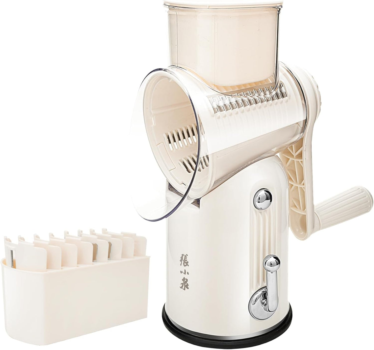 5 in 1 Rotary Cheese Grater, Beige Hand Crank Vegetable Cutter with 5 Stainless Steel Interchangeable Blades, Mandoline Slicer for Potatoes Onions Veggies Nuts