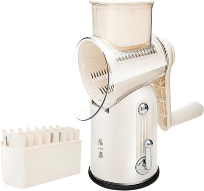 5 in 1 Rotary Cheese Grater, Beige Hand Crank Vegetable Cutter with 5 Stainless Steel Interchangeable Blades, Mandoline Slicer for Potatoes Onions Veggies Nuts