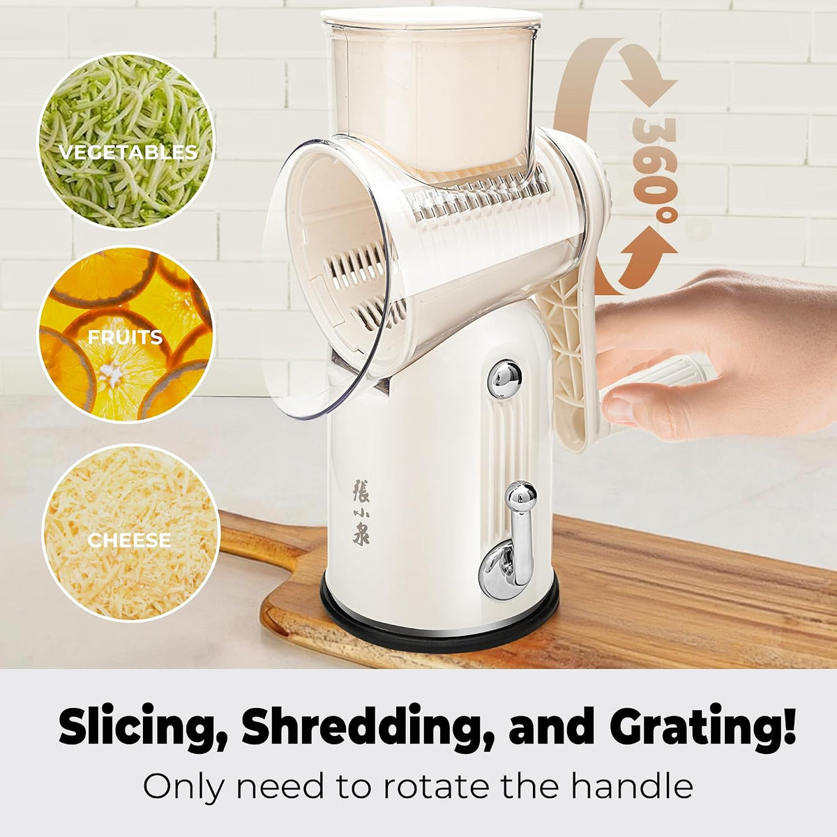 5 in 1 Rotary Cheese Grater, Beige Hand Crank Vegetable Cutter with 5 Stainless Steel Interchangeable Blades, Mandoline Slicer for Potatoes Onions Veggies Nuts