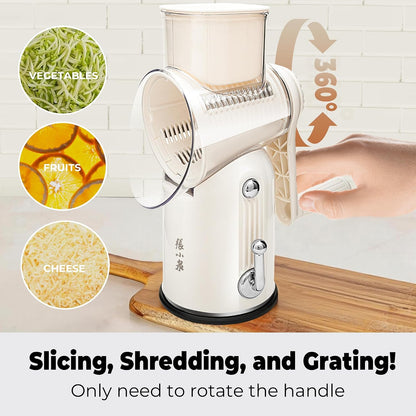 5 in 1 Rotary Cheese Grater, Beige Hand Crank Vegetable Cutter with 5 Stainless Steel Interchangeable Blades, Mandoline Slicer for Potatoes Onions Veggies Nuts