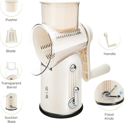 5 in 1 Rotary Cheese Grater, Beige Hand Crank Vegetable Cutter with 5 Stainless Steel Interchangeable Blades, Mandoline Slicer for Potatoes Onions Veggies Nuts
