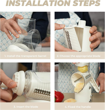 5 in 1 Rotary Cheese Grater, Beige Hand Crank Vegetable Cutter with 5 Stainless Steel Interchangeable Blades, Mandoline Slicer for Potatoes Onions Veggies Nuts
