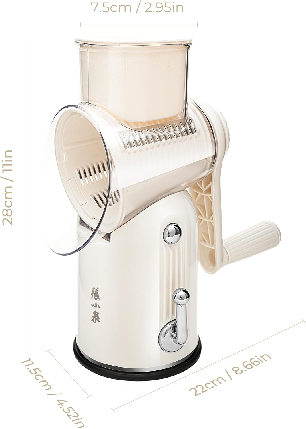 5 in 1 Rotary Cheese Grater, Beige Hand Crank Vegetable Cutter with 5 Stainless Steel Interchangeable Blades, Mandoline Slicer for Potatoes Onions Veggies Nuts