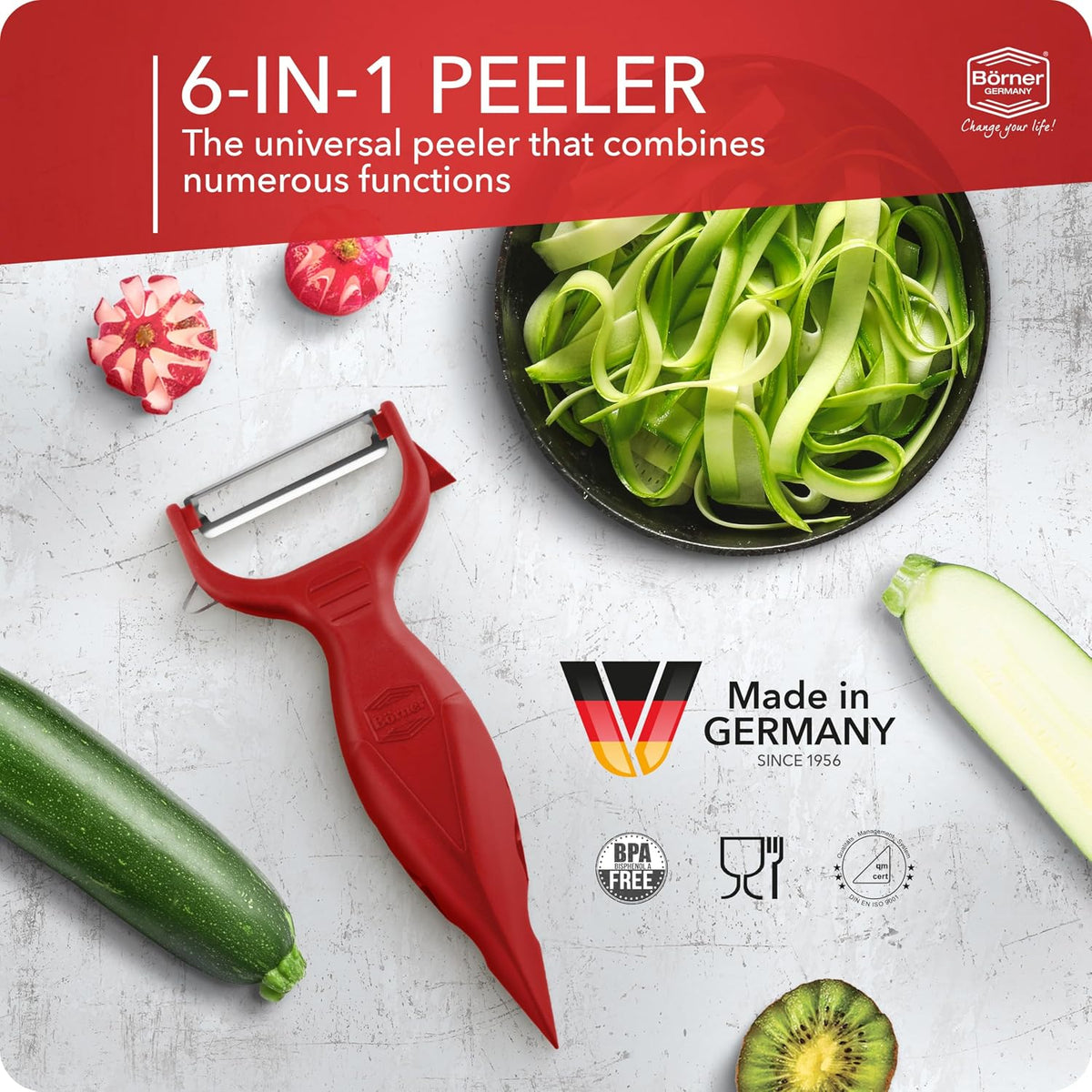 Borner 6-in-1 Fruit and Vegetable Peeler with Stainless Steel Double-Edged Blade, Multi function with Corer, Potato Eye Remover and Mini Grater, Made in Germany, Red