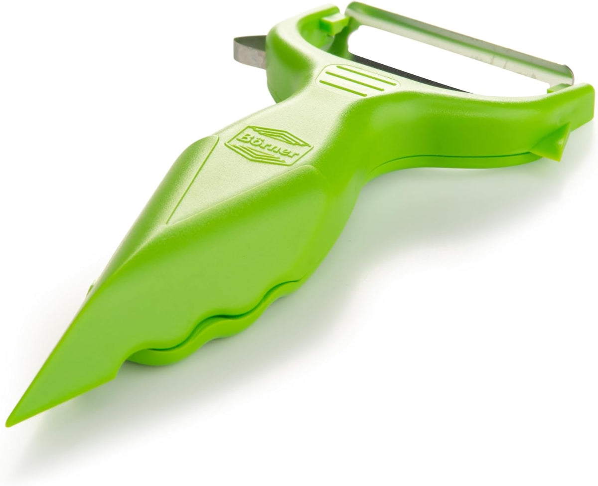 Borner 6-in-1 Fruit and Vegetable Peeler with Stainless Steel Double-Edged Blade, Multi function with Corer, Potato Eye Remover and Mini Grater, Made in Germany, Red